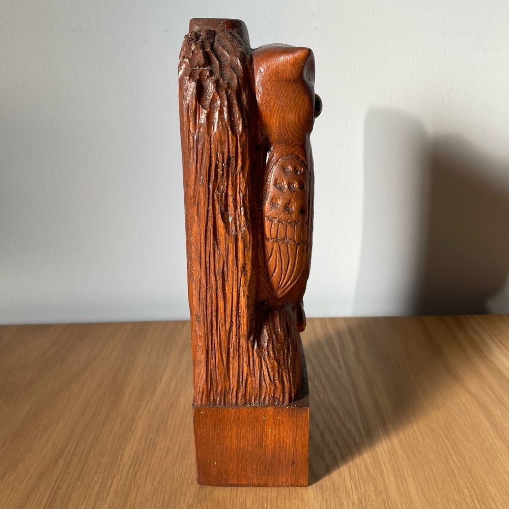 VINTAGE Mid-century Carved Wooden Owl Statue with Yellow Eyes - Picture 11 of 11